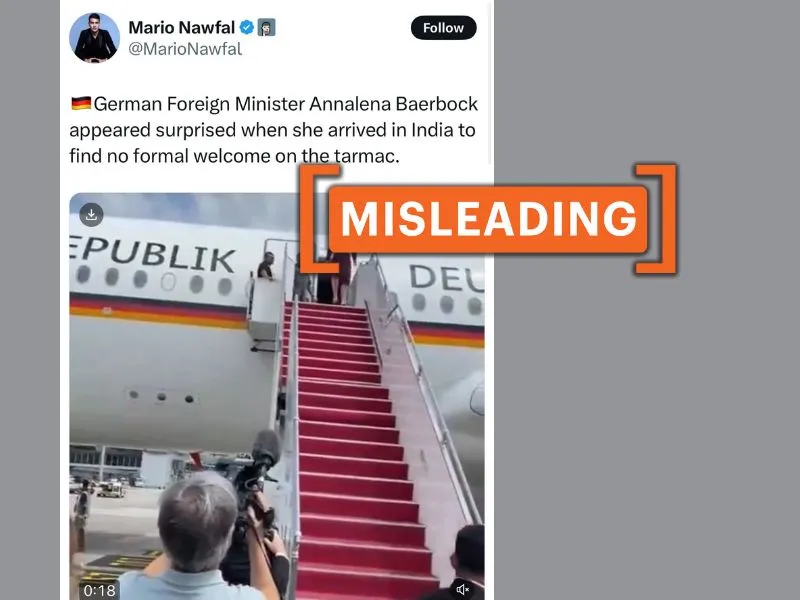 Screenshot of a social media post claiming to show German Foreign Minister Annalena Baerbock’s arrival at an airport in India, with a MISLEADING tag.